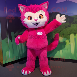 Magenta Cat mascot costume character dressed with a Henley Shirt and Hair clips