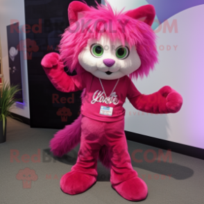 Magenta Cat mascot costume character dressed with a Henley Shirt and Hair clips