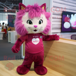 Magenta Cat mascot costume character dressed with a Henley Shirt and Hair clips
