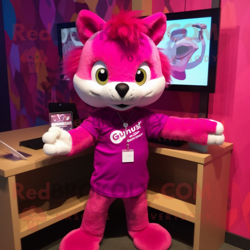 Magenta Cat mascot costume character dressed with a Henley Shirt and Hair clips Magenta Cat mascot costume character dressed with a Henley Shirt and Hair clips