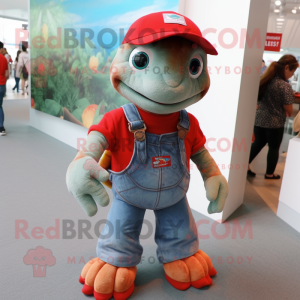 Red Turtle mascot costume character dressed with a Denim Shorts and Brooches