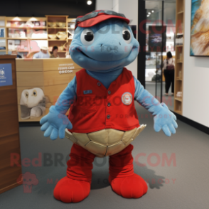 Red Turtle mascot costume character dressed with a Denim Shorts and Brooches