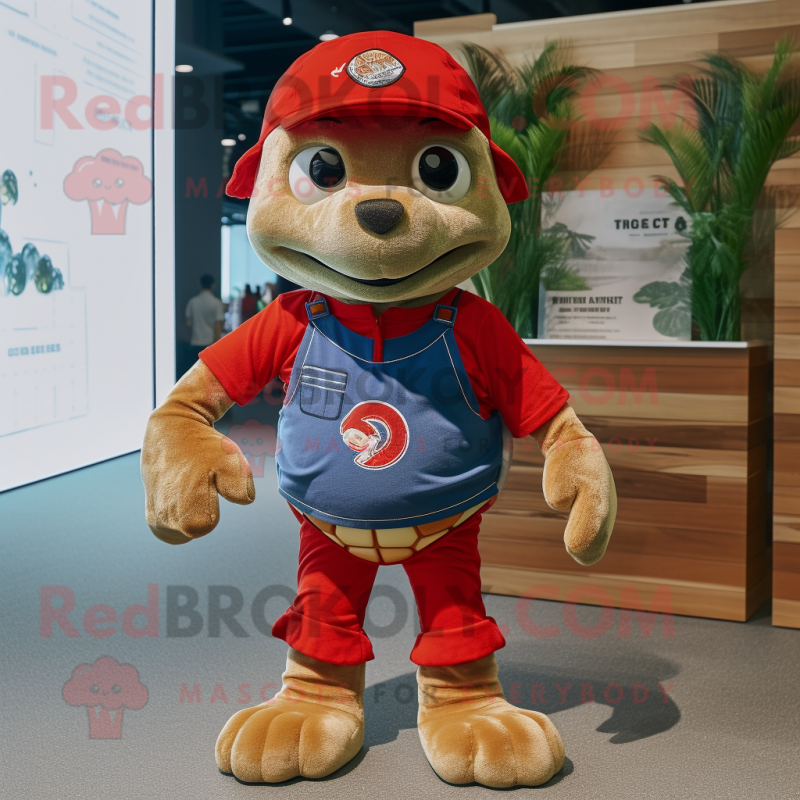 Red Turtle mascot costume character dressed with a Denim Shorts and Brooches Red Turtle mascot costume character dressed with a Denim Shorts and Brooches