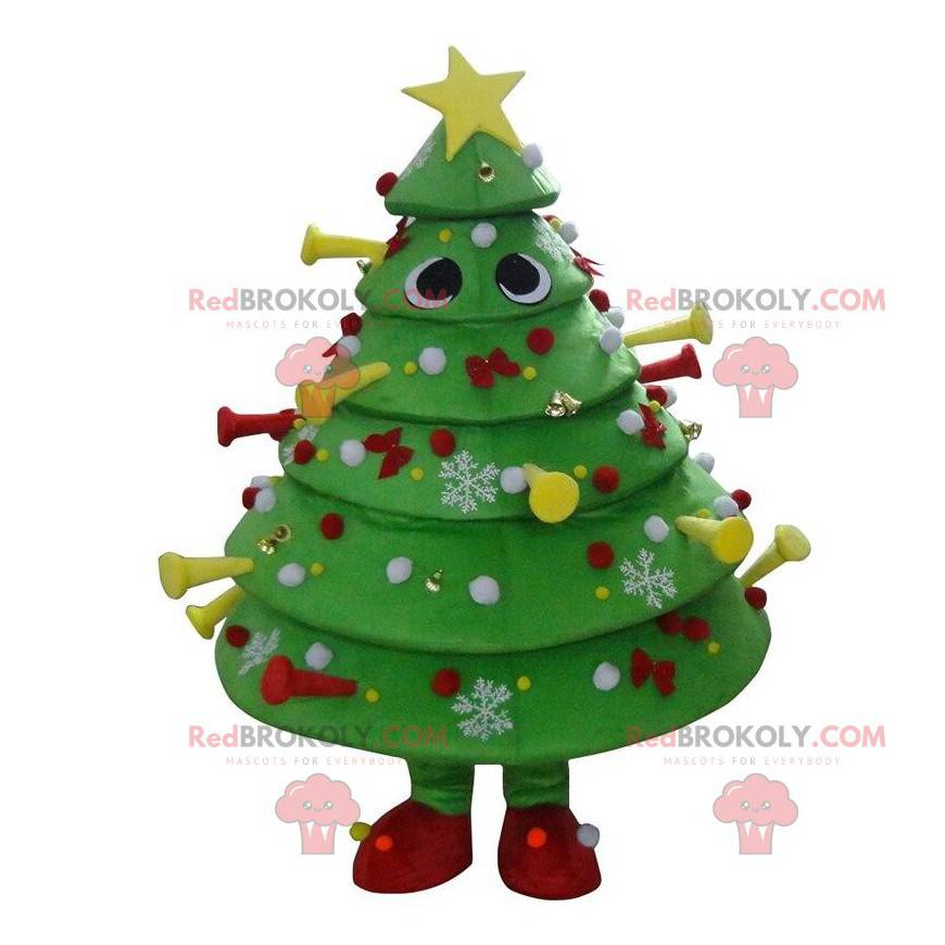 Mascote decorado com árvore de Natal verde, fantasia de árvore Mascote decorado com árvore de Natal verde, fantasia de árvore