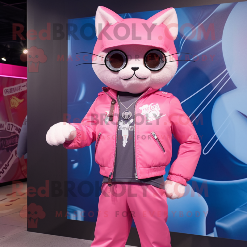 Pink Cat mascot costume character dressed with a Bomber Jacket and Cufflinks