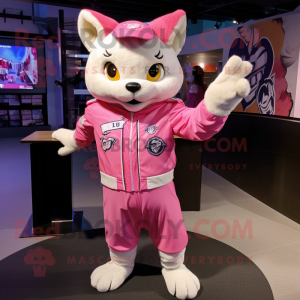 Pink Cat mascot costume character dressed with a Bomber Jacket and Cufflinks