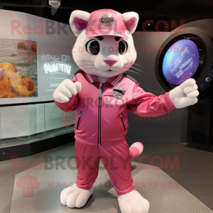 Pink Cat mascot costume character dressed with a Bomber Jacket and Cufflinks