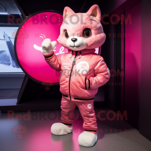 Pink Cat mascot costume character dressed with a Bomber Jacket and Cufflinks