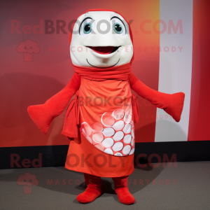 Red Salmon mascot costume character dressed with a Shift Dress and Scarves