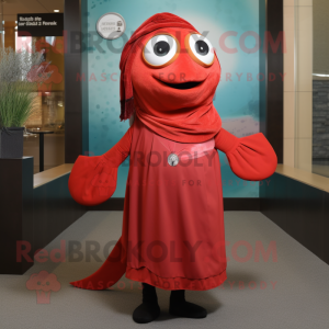 Red Salmon mascot costume character dressed with a Shift Dress and Scarves