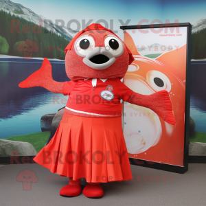 Red Salmon mascot costume character dressed with a Shift Dress and Scarves