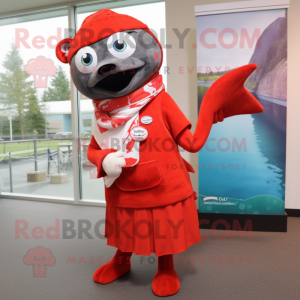 Red Salmon mascot costume character dressed with a Shift Dress and Scarves