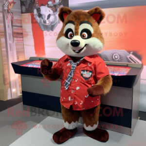 Red Raccoon mascot costume character dressed with a Button-Up Shirt and Cummerbunds