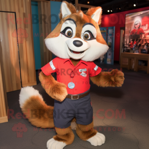 Red Raccoon mascot costume character dressed with a Button-Up Shirt and Cummerbunds