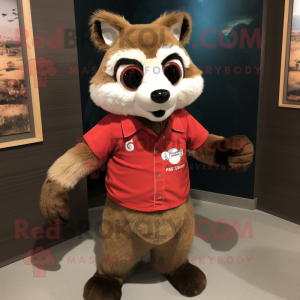 Red Raccoon mascot costume character dressed with a Button-Up Shirt and Cummerbunds