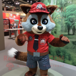 Red Raccoon mascot costume character dressed with a Button-Up Shirt and Cummerbunds