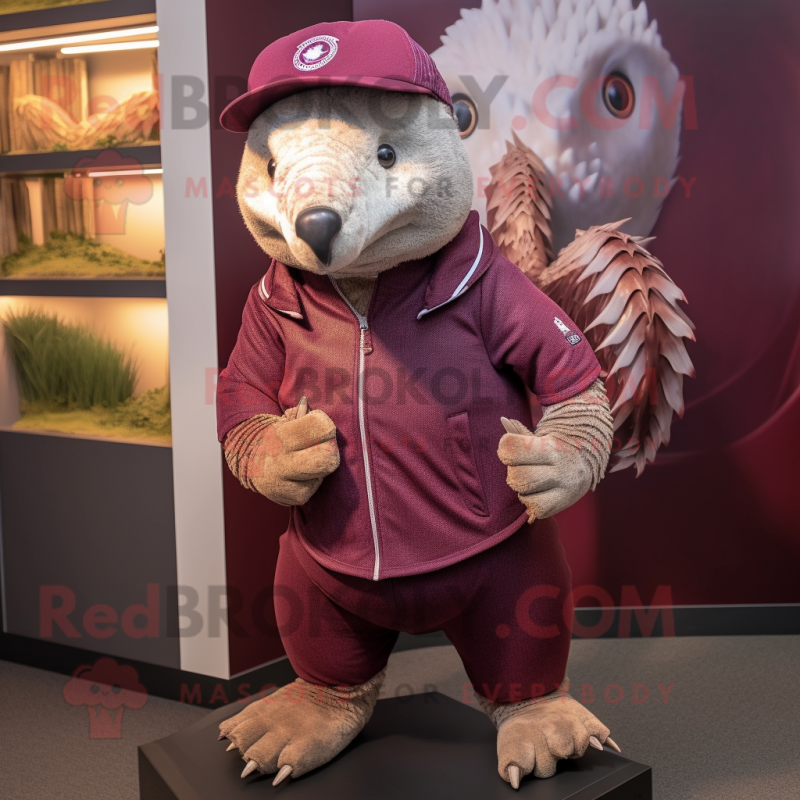 Maroon Pangolin mascot costume character dressed with a Henley Shirt and Hats