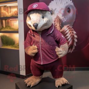 Maroon Pangolin mascot costume character dressed with a Henley Shirt and Hats