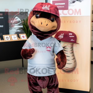 Maroon Pangolin mascot costume character dressed with a Henley Shirt and Hats
