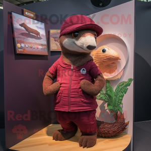 Maroon Pangolin mascot costume character dressed with a Henley Shirt and Hats