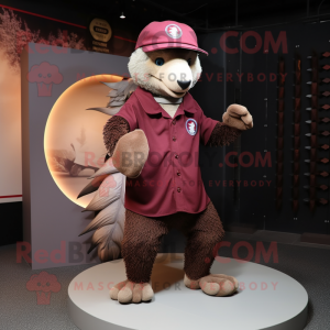 Maroon Pangolin mascot costume character dressed with a Henley Shirt and Hats