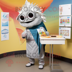 Silver Fish Tacos mascot costume character dressed with a Parka and Reading glasses