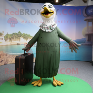 Olive Gull mascot costume character dressed with a Maxi Dress and Briefcases