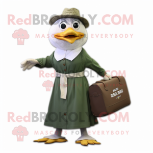 Olive Gull mascot costume character dressed with a Maxi Dress and Briefcases