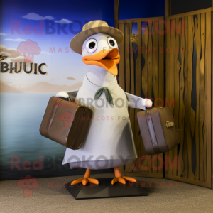 Olive Gull mascot costume character dressed with a Maxi Dress and Briefcases