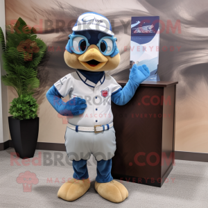 Beige Blue Jay mascot costume character dressed with a Polo Shirt and Pocket squares