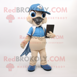 Beige Blue Jay mascot costume character dressed with a Polo Shirt and Pocket squares