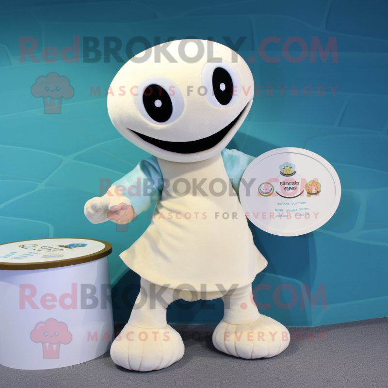 Cream Hydra mascot costume character dressed with a Leggings and Coin purses