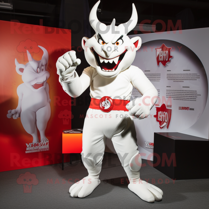 White Devil mascot costume character dressed with a Graphic Tee and Ties White Devil mascot costume character dressed with a Graphic Tee and Ties