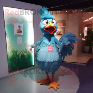 Cyan Roosters mascot costume character dressed with a Midi Dress and Clutch bags