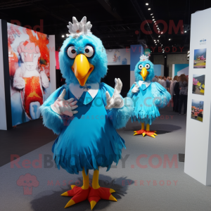Cyan Roosters mascot costume character dressed with a Midi Dress and Clutch bags