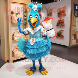 Cyan Roosters mascot costume character dressed with a Midi Dress and Clutch bags