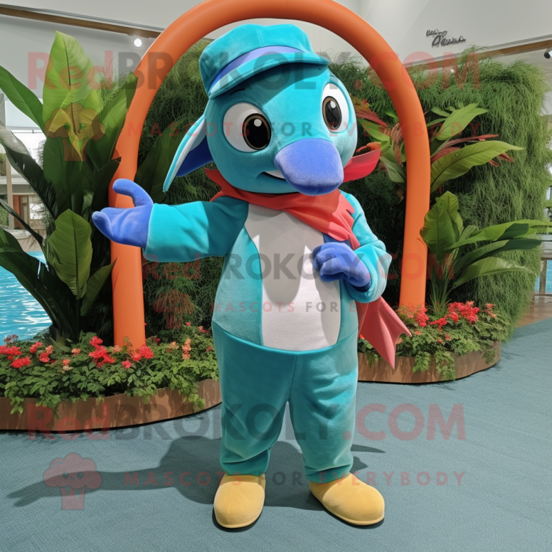 Turquoise Dolphin mascot costume character dressed with a Corduroy Pants and Bracelets