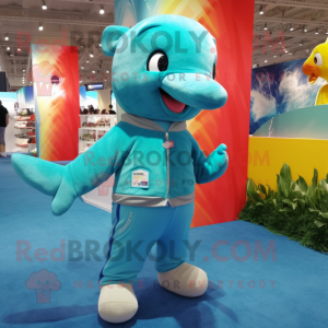 Turquoise Dolphin mascot costume character dressed with a Corduroy Pants and Bracelets