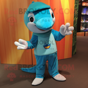 Turquoise Dolphin mascot costume character dressed with a Corduroy Pants and Bracelets