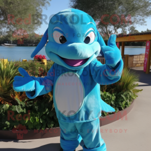 Turquoise Dolphin mascot costume character dressed with a Corduroy Pants and Bracelets