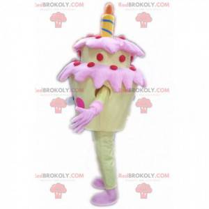 Mascotte gele verjaardagstaart, kostuum gigantische cake -