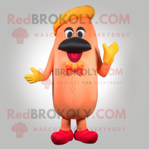 Peach Hot Dogs mascot costume character dressed with a Vest and Cufflinks