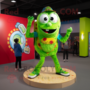 Lime Green Pizza mascot costume character dressed with a Flannel Shirt and Rings