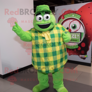 Lime Green Pizza mascot costume character dressed with a Flannel Shirt and Rings