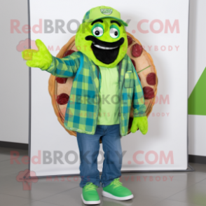 Lime Green Pizza mascot costume character dressed with a Flannel Shirt and Rings