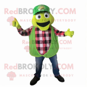 Lime Green Pizza mascot costume character dressed with a Flannel Shirt and Rings