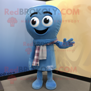 Blue Miso Soup mascot costume character dressed with a Denim Shirt and Scarf clips