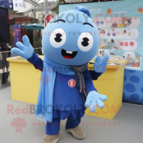 Blue Miso Soup mascot costume character dressed with a Denim Shirt and Scarf clips