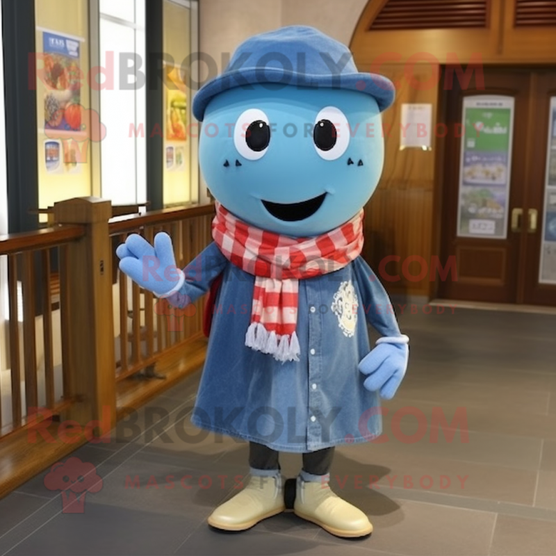 Blue Miso Soup mascot costume character dressed with a Denim Shirt and Scarf clips Blue Miso Soup mascot costume character dressed with a Denim Shirt and Scarf clips