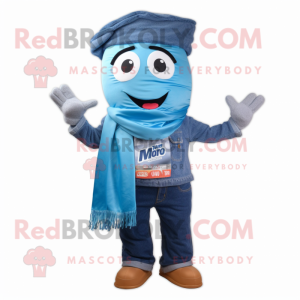 Blue Miso Soup mascot costume character dressed with a Denim Shirt and Scarf clips